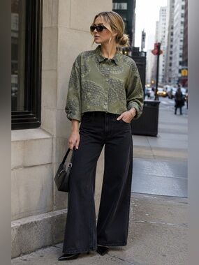 Lurdes Bergada Cropped Boxy Shirt Jacket Small Olive Abstract Cotton Spain